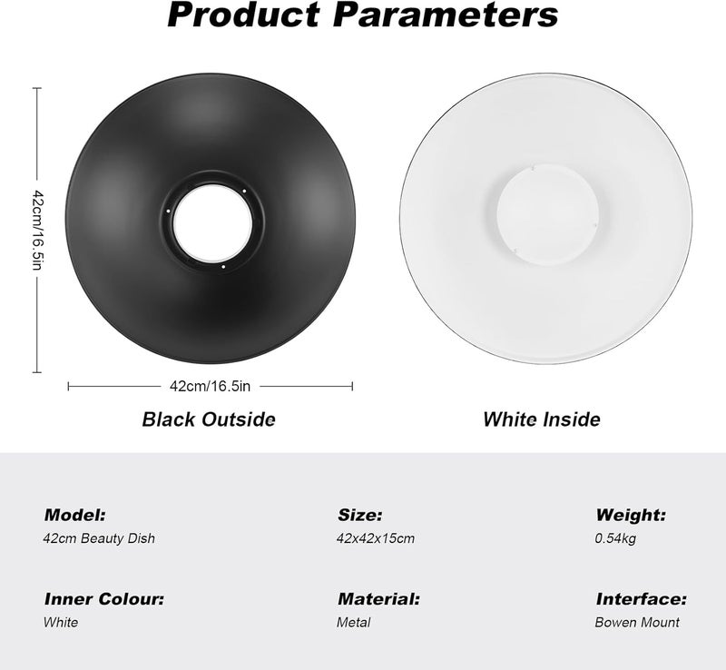 soonpho 16inch/42cm White Metal Beauty Dish Bowens Mount Standard Reflector with Storage Bag,Honeycomb Grid and Six-Color Diffuser for GODOX NEEWER Strobe Flash LED Video Light - Image 2